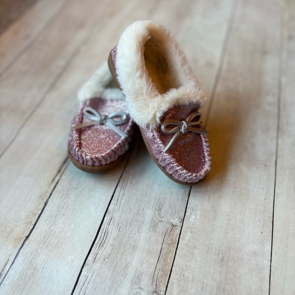 Sparkly Pink Kids Moccasin Slippers J crew